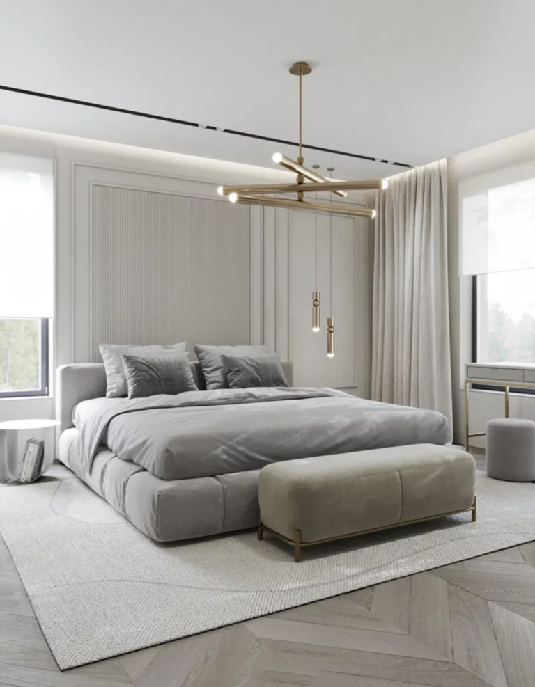 Złota lampa w sypialni