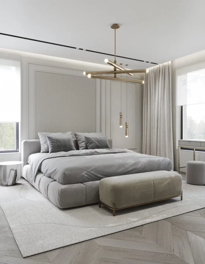 Złota lampa w sypialni