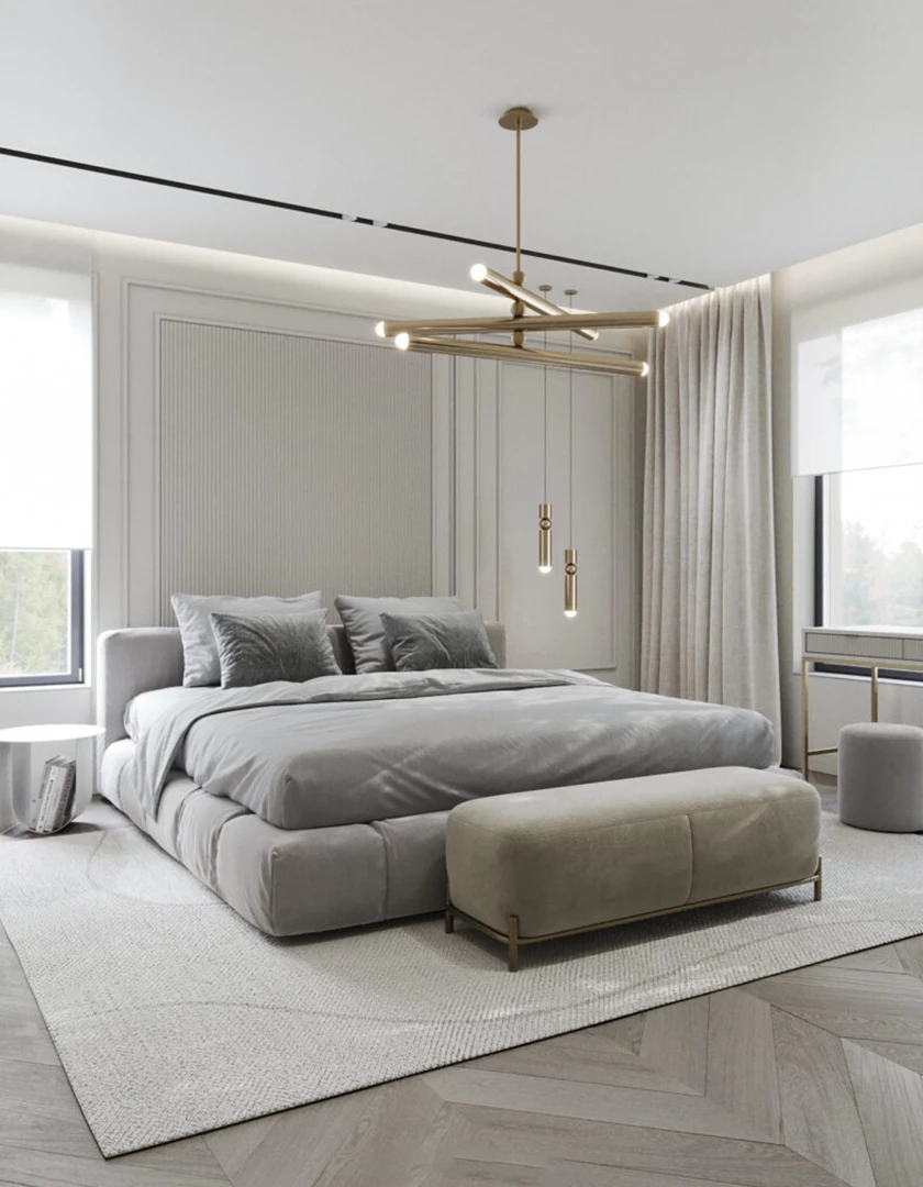 Złota lampa w sypialni